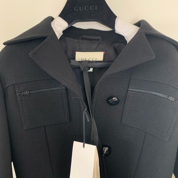 GUCCI black wool jacket large logo belt button down cuff long coat Luxury NWT - Picture 7 of 14